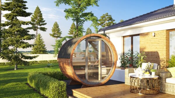 Barrel Sauna LEO Front Full Glass & Back Half Moon Glass